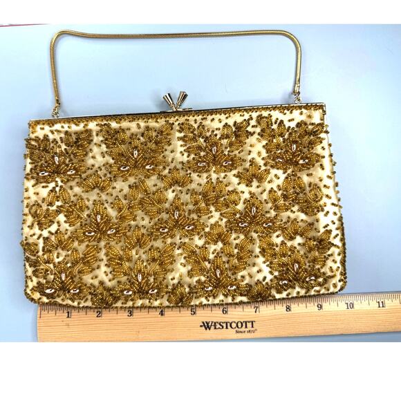 Vintage Gold Beaded Evening Bag w/Mother of Pearl Inlay - Bags By Debbie HK - Picture 5 of 8